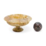 A BLUE JOHN TAZZA 18th / 19th century together with a round blue john finial, tazza is 11cms wide.