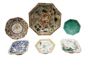 A JAPANESE DRAGON DECORATED OCTAGONAL BOWL AND OCTAGONAL DISH, along with two smaller octagonal