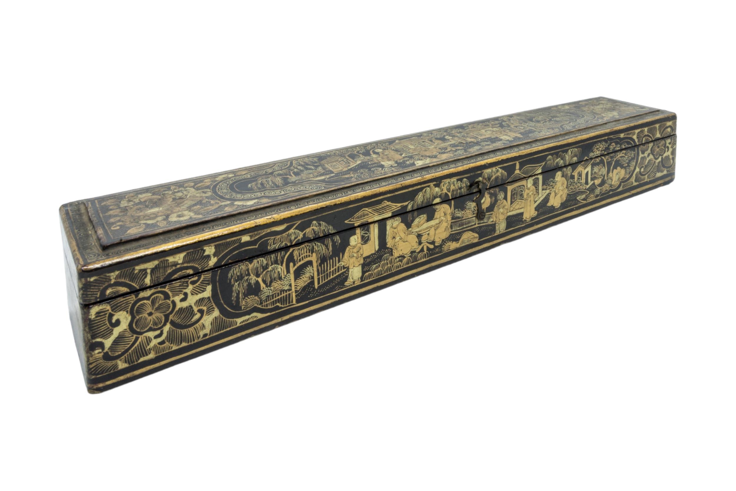 A BRASS POSTAL SCALE, an oak inkstand circa 1900, a Chinese lacquer fan box, three carved Chinese - Image 7 of 10