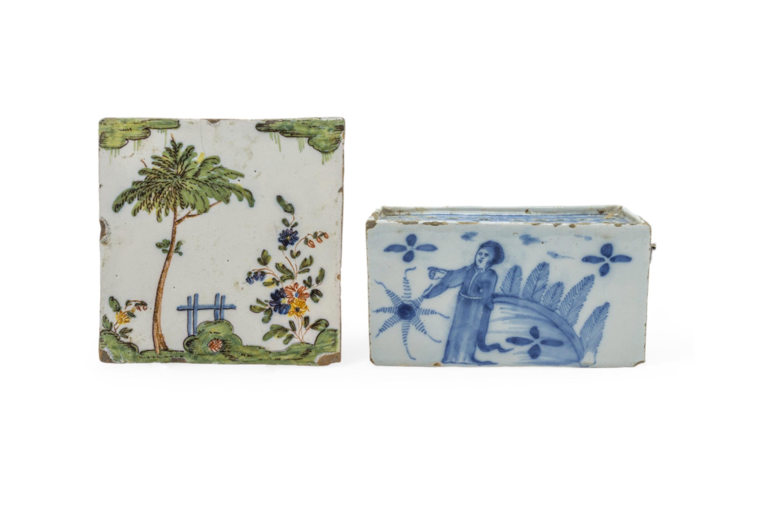 A DELFT FLOWER BRICK 18th century, 14cms wide and a polychrome tile