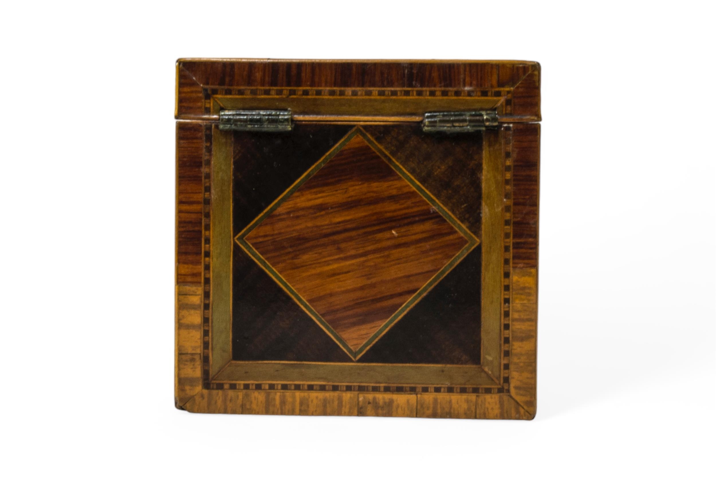 A GEORGE III TEA CADDY OF CUBE FORM, variously inlaid with various woods, each face with a diamond - Image 3 of 4