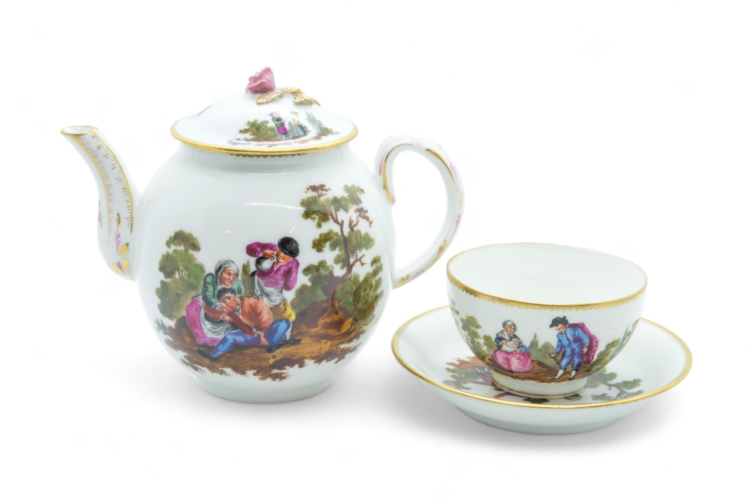 A ZURICH TEAPOT AND A CUP AND SAUCER Circa 1770 painted figures in a landscape, 16cms - Image 2 of 3