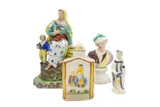 A PEARLWARE BUST OF MATTHEW PRIOR Circa 1821, together with three further pearlware items, bust is