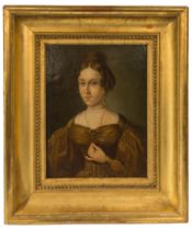A LATE 18TH/EARLY 19TH PORTRAIT OIL PAINTING ON CANVAS, mounted on board, depicting a noblewoman