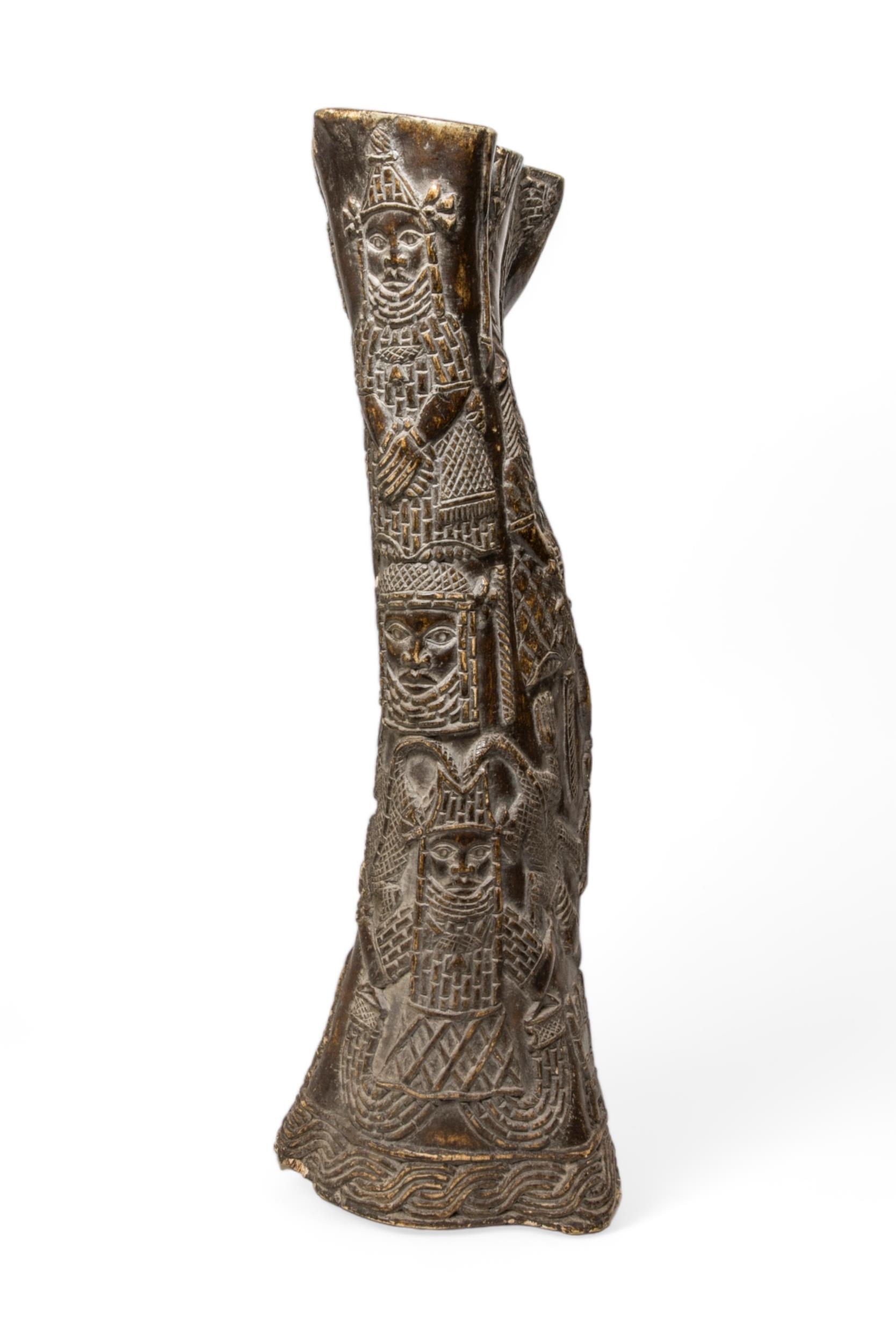 AN ELEPHANT LEG BONE WITH BENIN STYLE CARVINGS OF HIGH STATUS FIGURES 62cm - Image 2 of 3