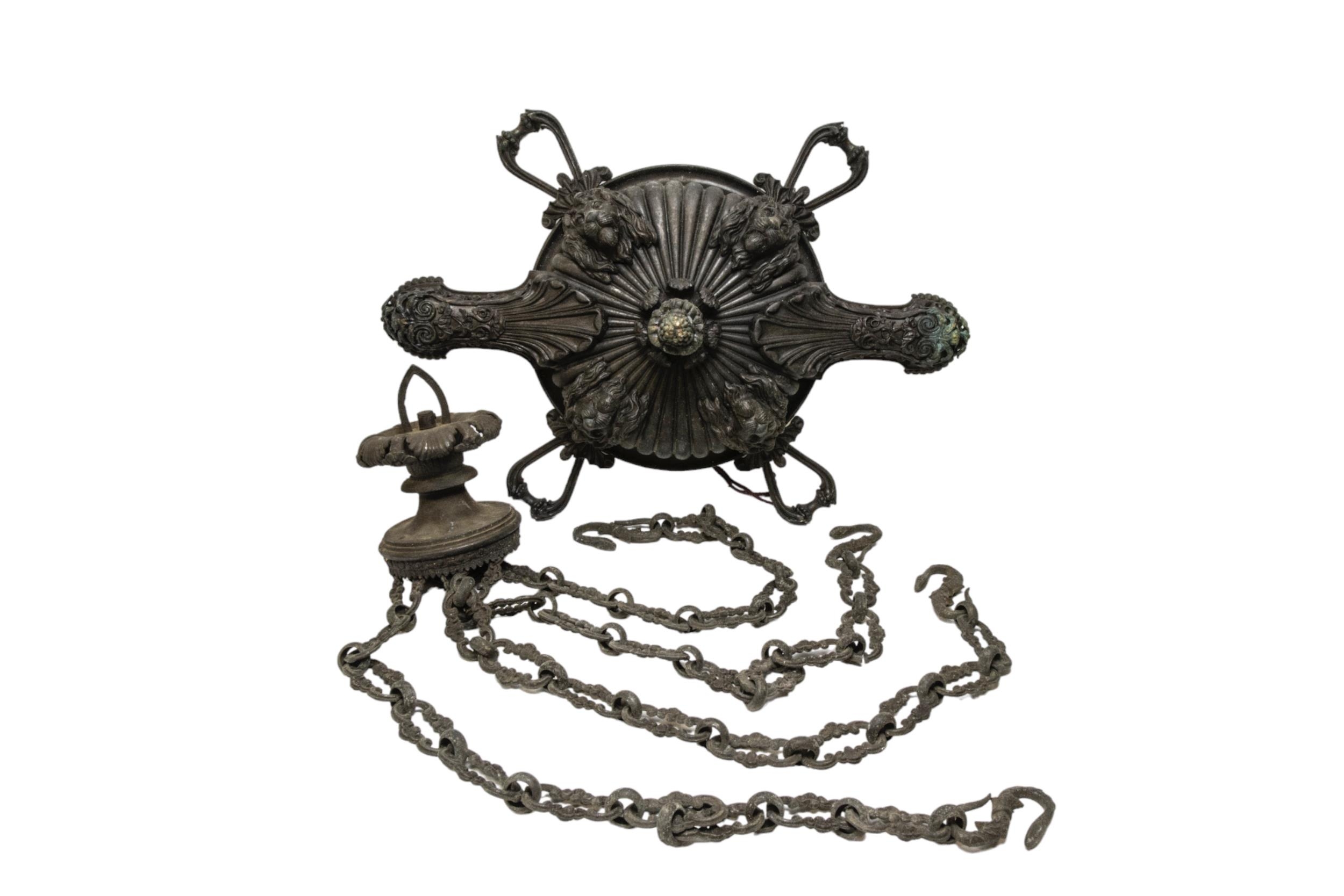 A NEOCLASSICAL COPPER ALLOY 'PLAFONNIER' LIGHT FITTING ORNATELY DECORATED WITH LIONS MASKS, an - Image 4 of 4