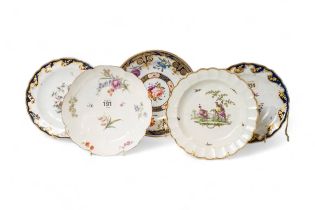 A CHELSEA RED ANCHOR DISH,  Circa 1755, together with two gold anchor plates, another plate and a