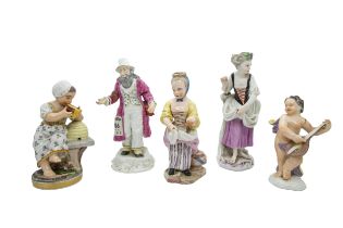 A MIXED GROUP OF FIVE PORCELAIN FIGURES, 18TH/19TH CENTURY, the lot includes a figurine of a girl,