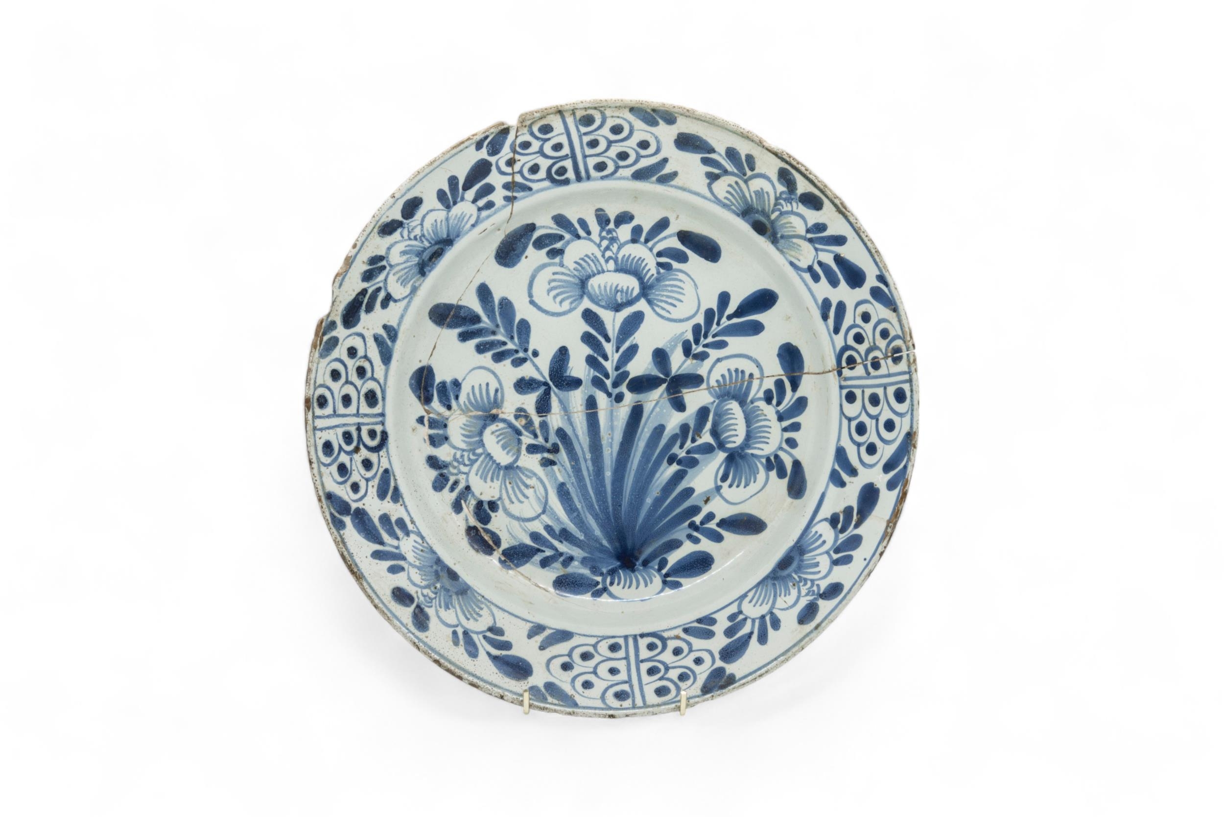 THREE DELFT CHARGERS 18th Century, and a faience charger, 36cms wide - Image 4 of 7