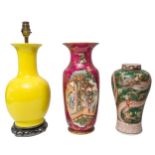 A CHINESE YELLOW GROUND BOTTLE VASE, LATE QING DYNASTY, converted to a table lamp (30 cm high,