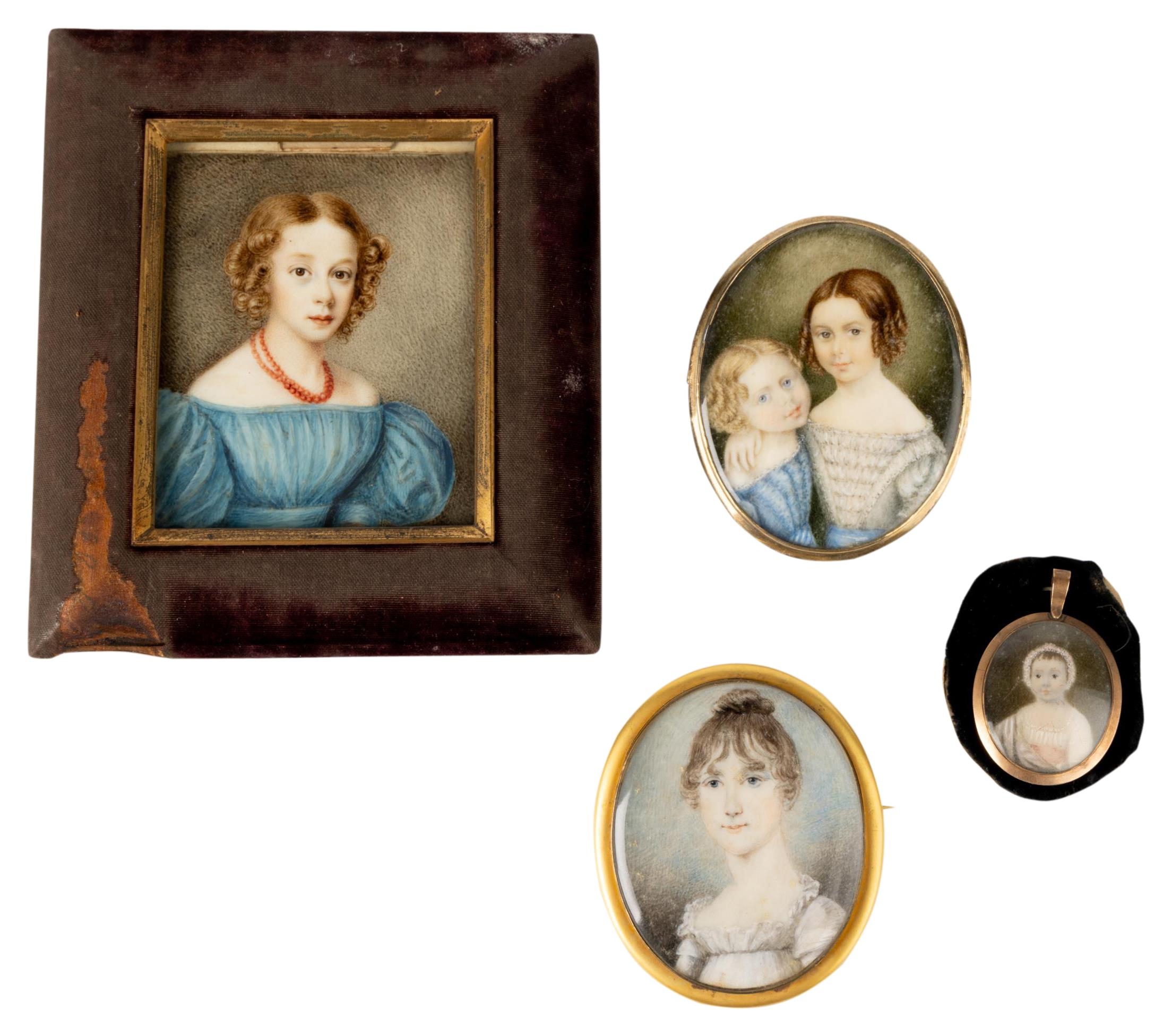 A REGENCY PORTRAIT MINIATURE OF TWO YOUNG GIRLS, the reverse of the case with a woven hair memorial,