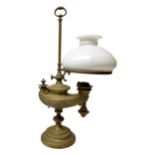 A WILD & WESSEL ORNATE BRASS 'VESTA' ADJUSTABLE OIL LAMP with associated glass shade. 54.5 cms