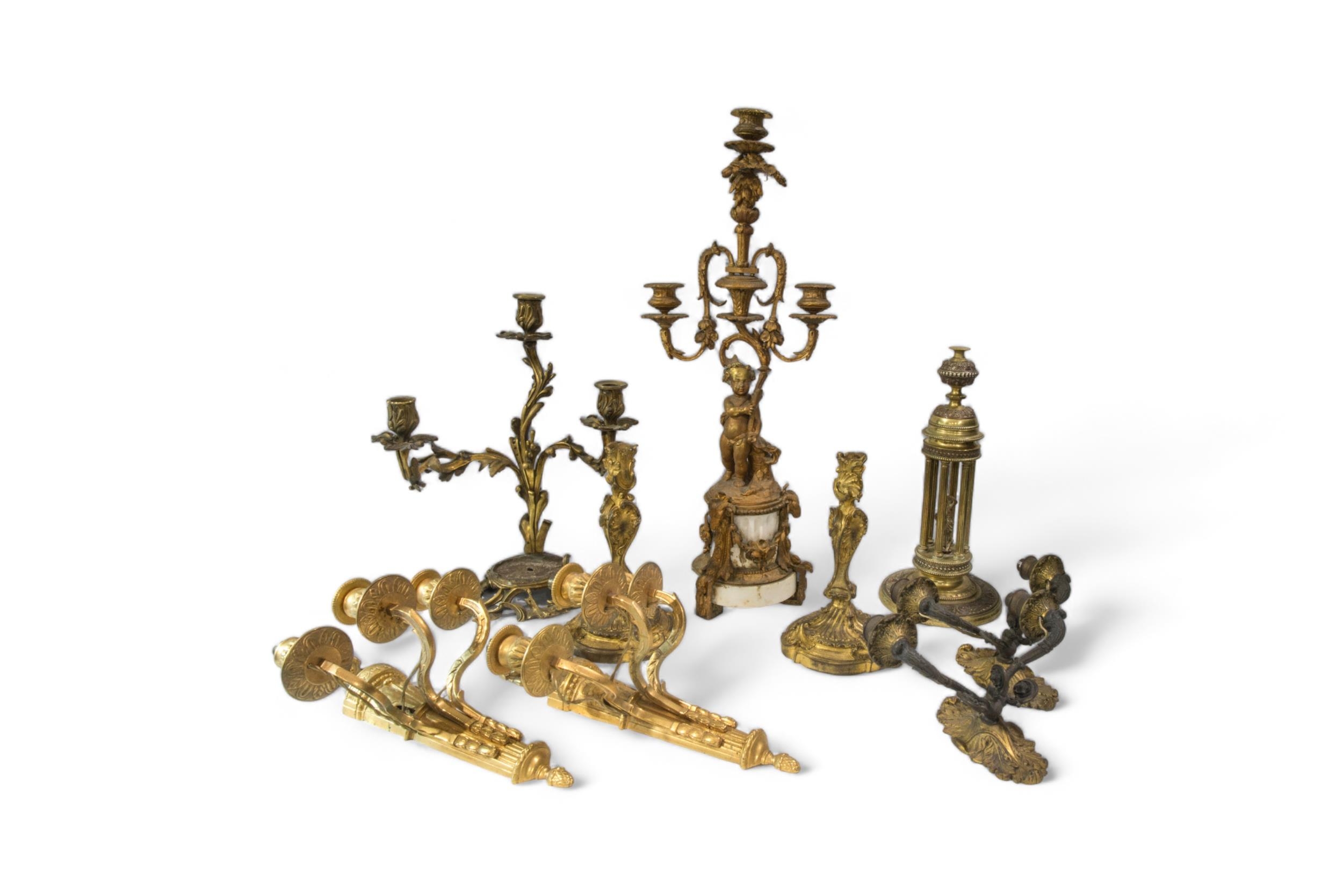 A PAIR OF GEORGIAN STYLE GILT BRASS WALL LIGHT SCONCES, a pair of French Empire style sconces, (