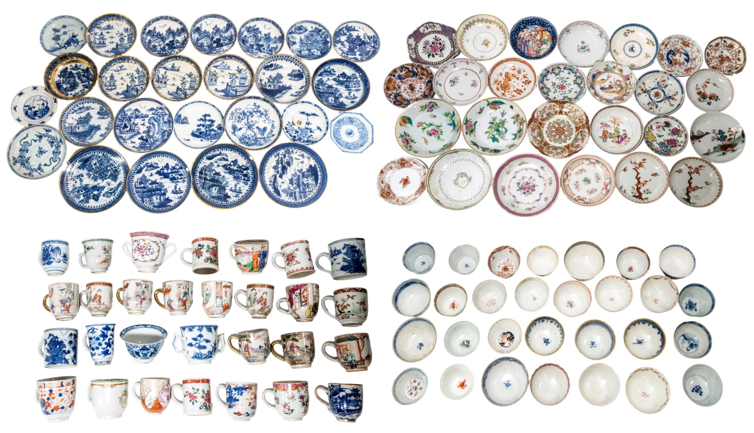 A LARGE COLLECTION OF CHINESE EXPORT PORCELAIN TEABOWLS, SAUCERS AND CUPS QING DYNASTY, MOSTLY