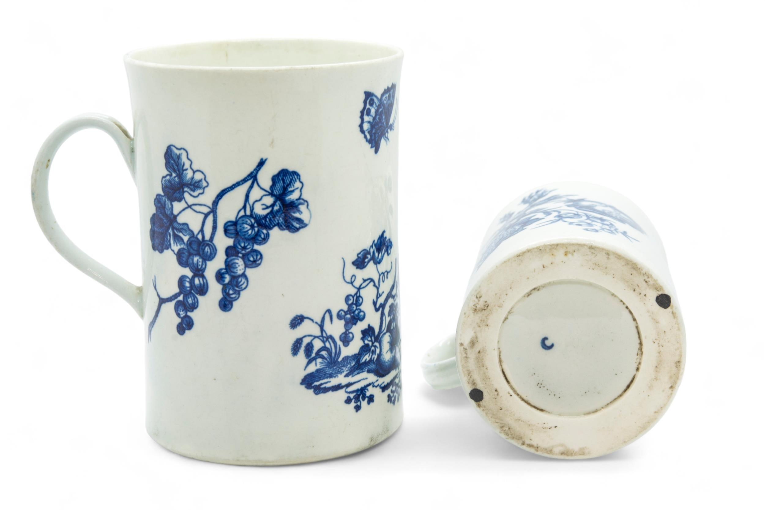 TWO 18TH CENTURY WORCESTER BLUE PRINTED TANKARDS One printed with a parrot and fruit and with - Image 2 of 2