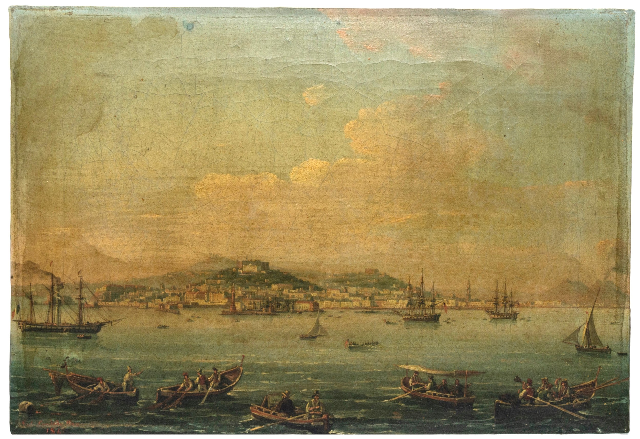 SALVATORE CANDIDO (act. 1823-1869) OIL PAINTING ON CANVAS OF THE BAY OF NAPLES, depicting an array
