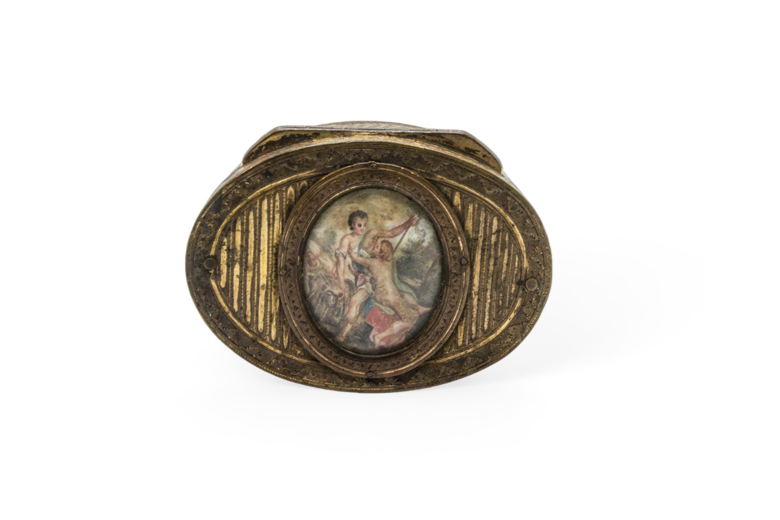 AN 18TH CENTURY GILT METAL SNUFF BOX The top inset with an oval mythological scene, 7.5cms - Image 2 of 4