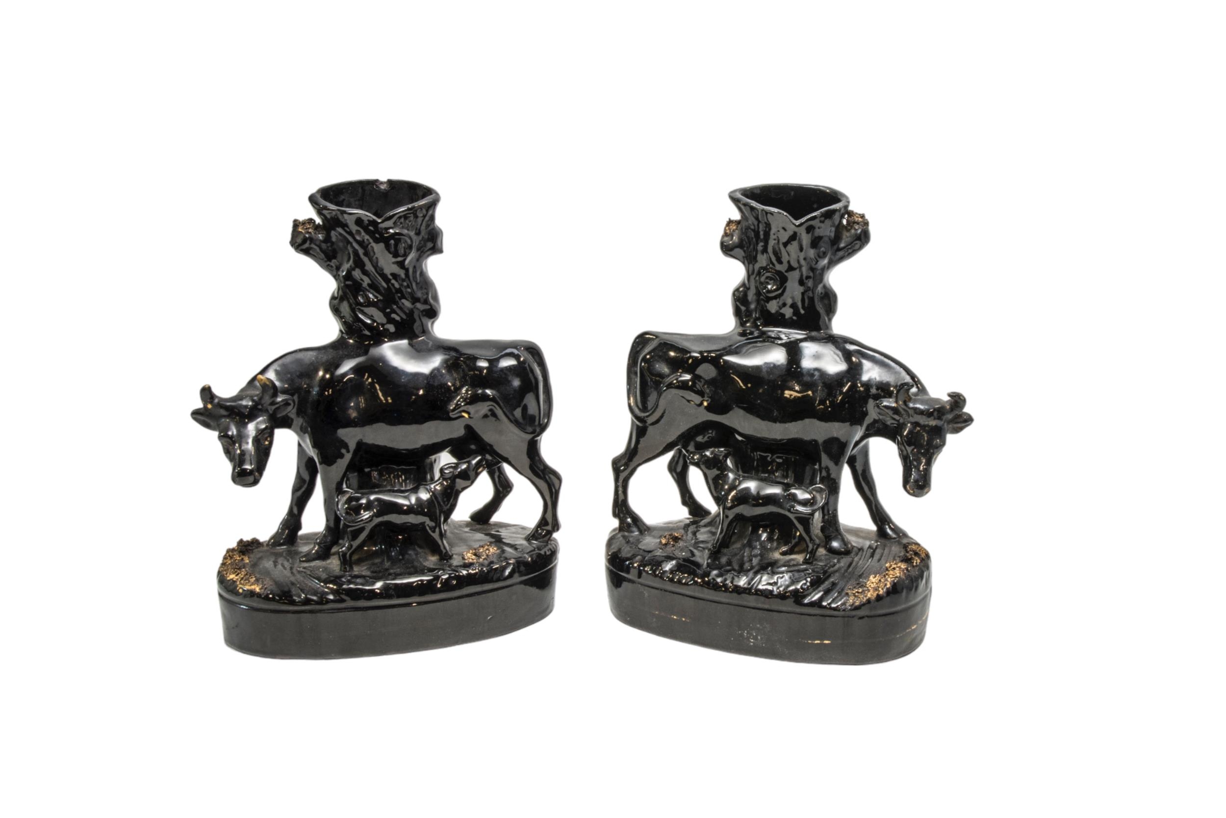A PAIR OF STAFFORDSHIRE CATTLE DECORATED SPILL VASES AND THREE SPANIEL FIGURES, 19TH CENTURY, the - Image 2 of 3