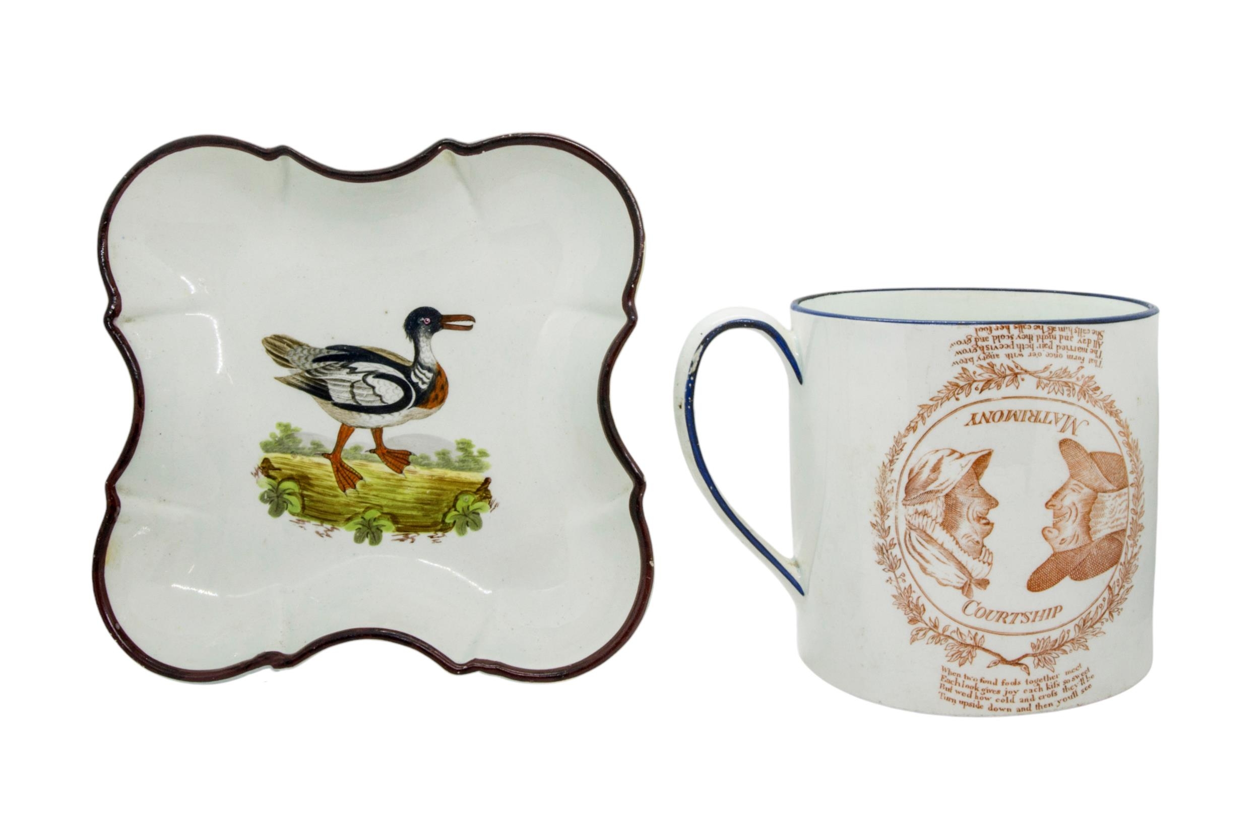 A PEARLWARE PORTER MUG Circa 1820, together with dessert dish painted 'Red Breasted Goosander' mug