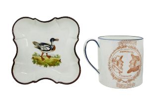 A PEARLWARE PORTER MUG Circa 1820, together with dessert dish painted 'Red Breasted Goosander' mug