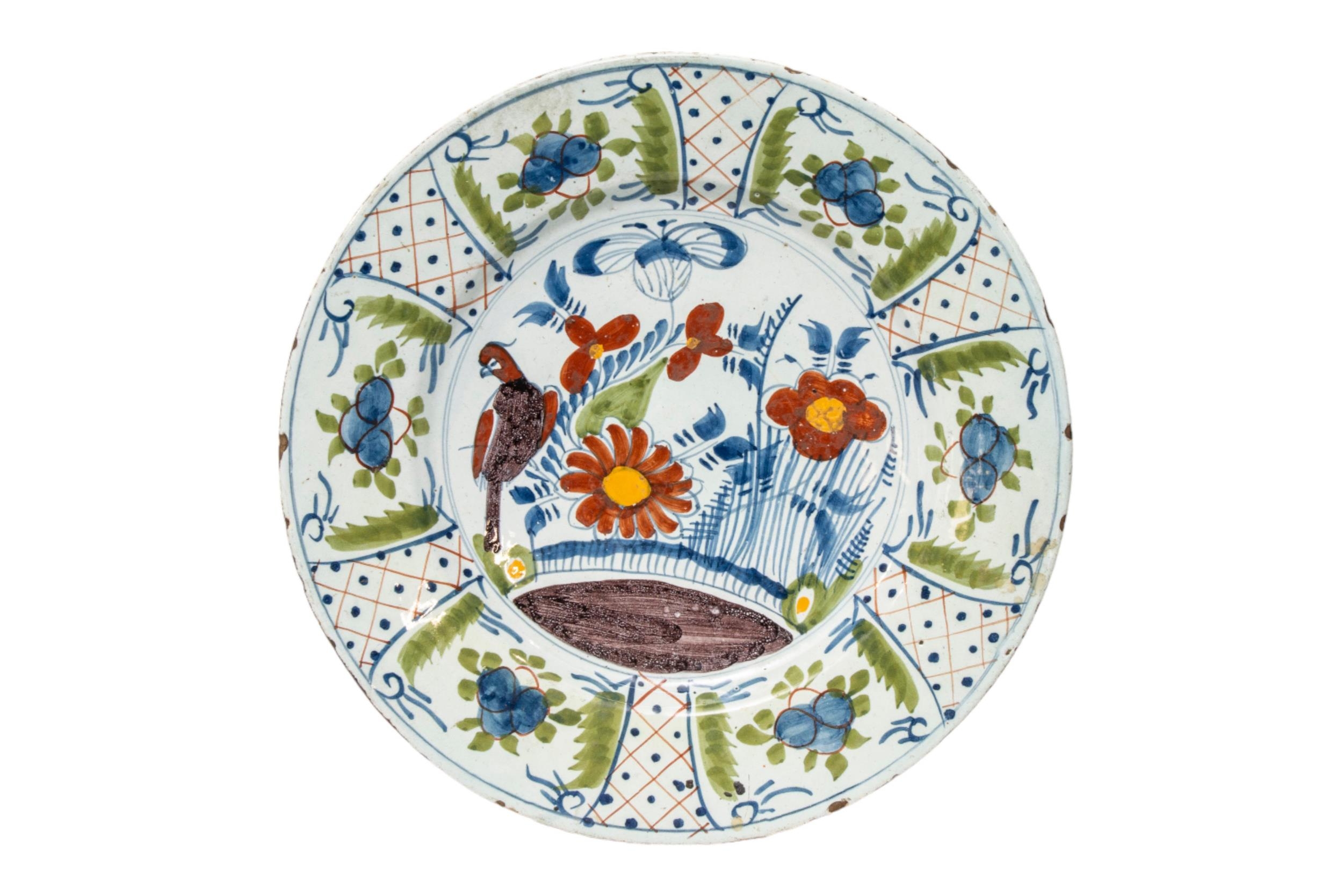 THREE LARGE DELFT DISHES, 18TH CENTURY, consisting of two dishes painted with traditional rural - Image 4 of 4