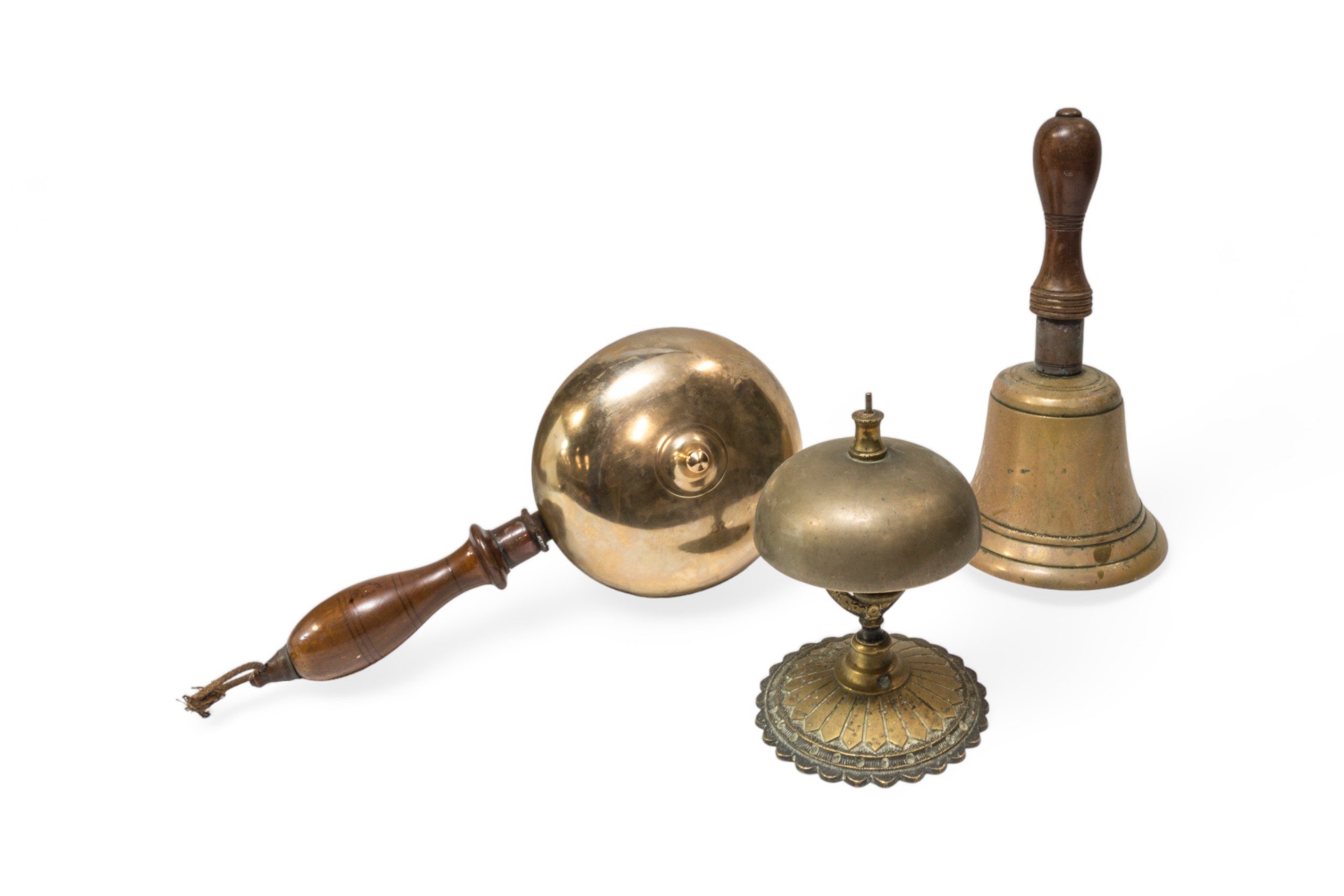A VICTORIAN DOUBLE SIDED HAND BELL WITH WOODEN HANDLE, A SCHOOL BELL AND A SHOP COUNTER BELL ( - Image 2 of 4