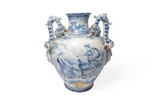 A LARGE FAIENCE VASE 19th century, painted with mythological scene and a crest, 19th century,