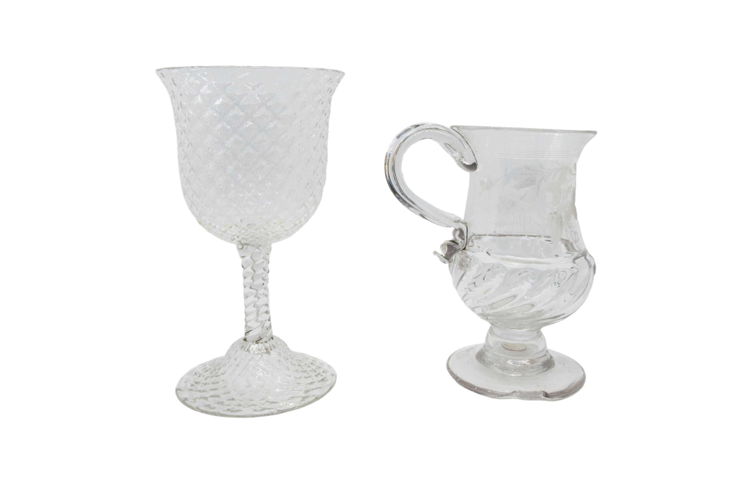 A GEORGE III GADROONED BALUSTER TANKARD AND OTHER GLASS WARE, the lot also includes four acid etched - Image 5 of 10