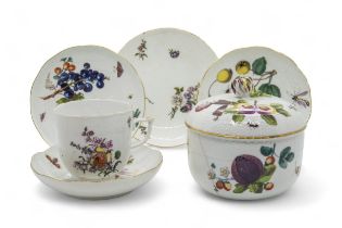 A GROUP OF MID 18TH CENTURY MEISSEN Comprising a sugar box and cover and three saucers painted
