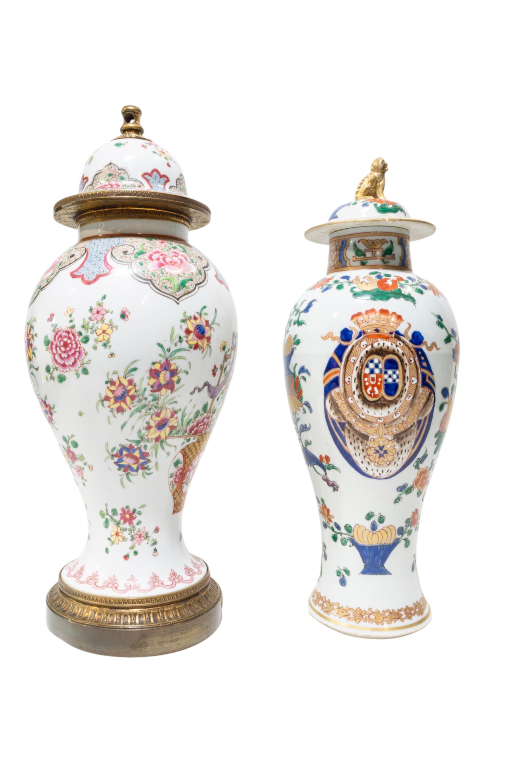 A SAMSON CHINESE EXPORT-STYLE BALUSTER VASE AND ANOTHER BALUSTER VASE, the Samson vase with armorial
