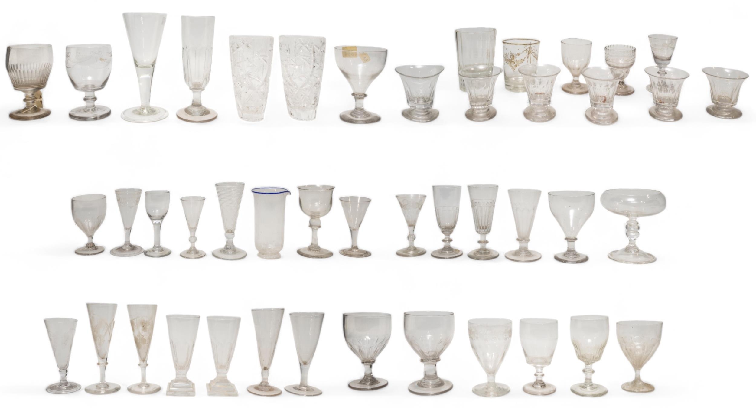 A LARGE MIXED GROUP OF STEMMED GLASSES AND TUMBLERS, PREDOMINANTLY 18TH/19TH CENTURY, the group