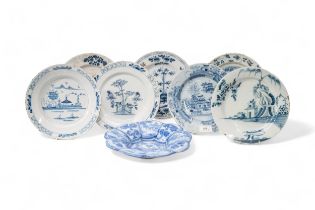 A LATE 17TH / 18TH CENTURY LOBED FAIENCE DISH Together with seven 18th century delft plates, 25cms