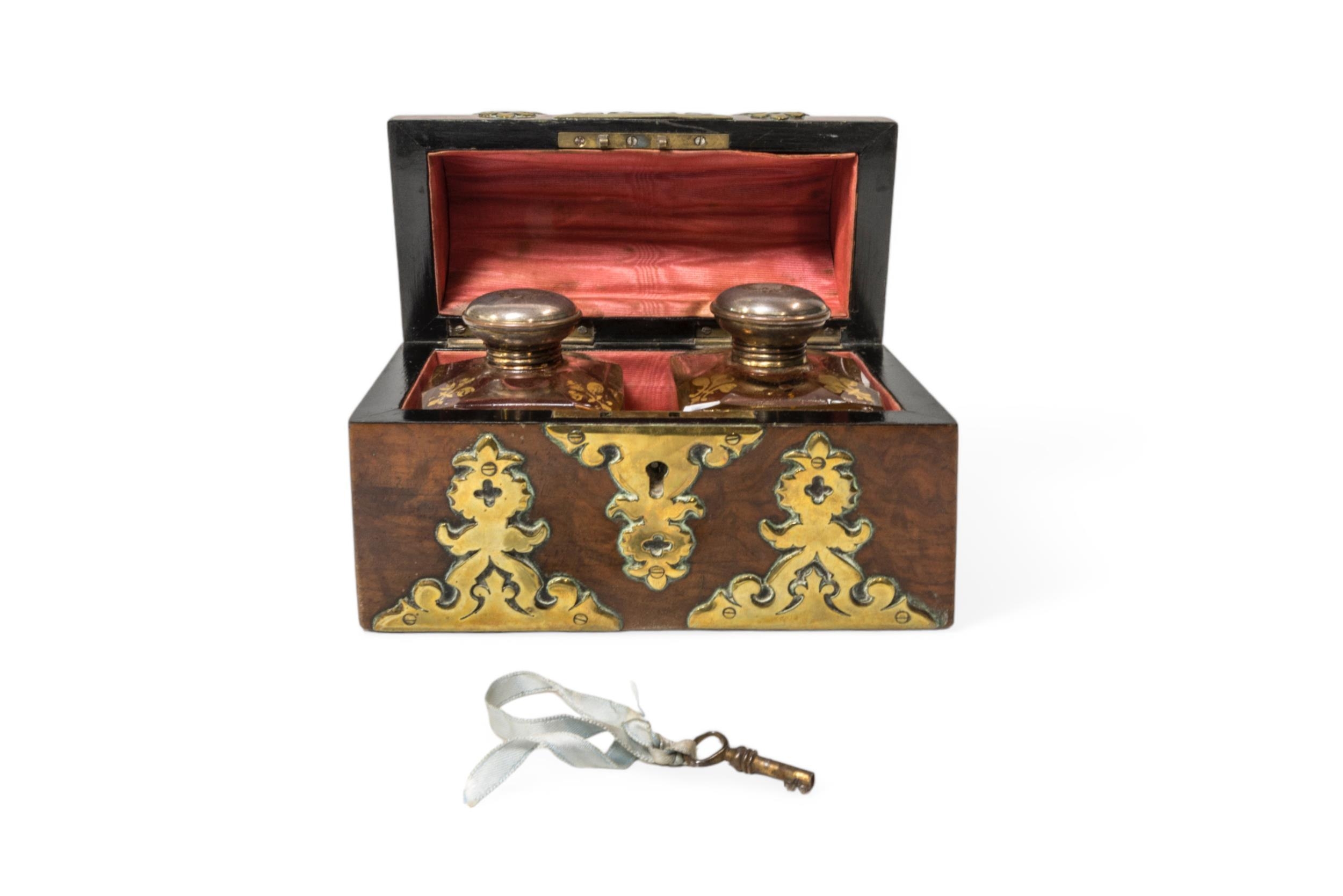 A 19TH CENTURY DOMED TOP WALNUT SCENT BOTTLE BOX, decorated with pierced brass mounts and containing - Image 2 of 3