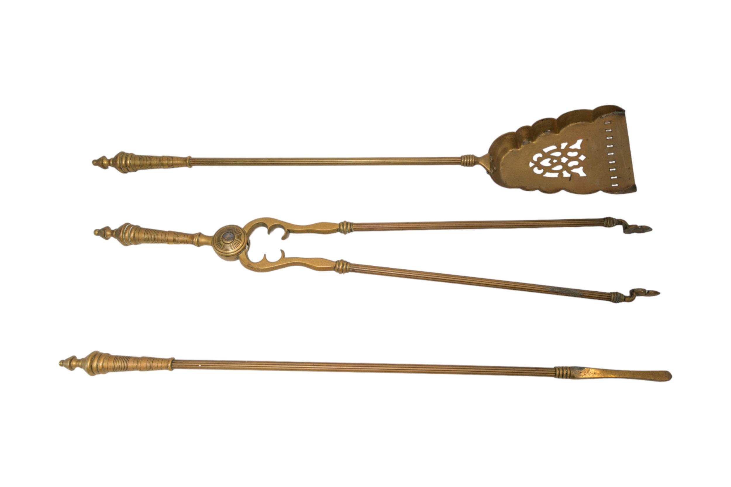 A SET OF 19TH CENTURY BRASS FIRE IRONS, two other sets and two steel sets. - Image 6 of 6
