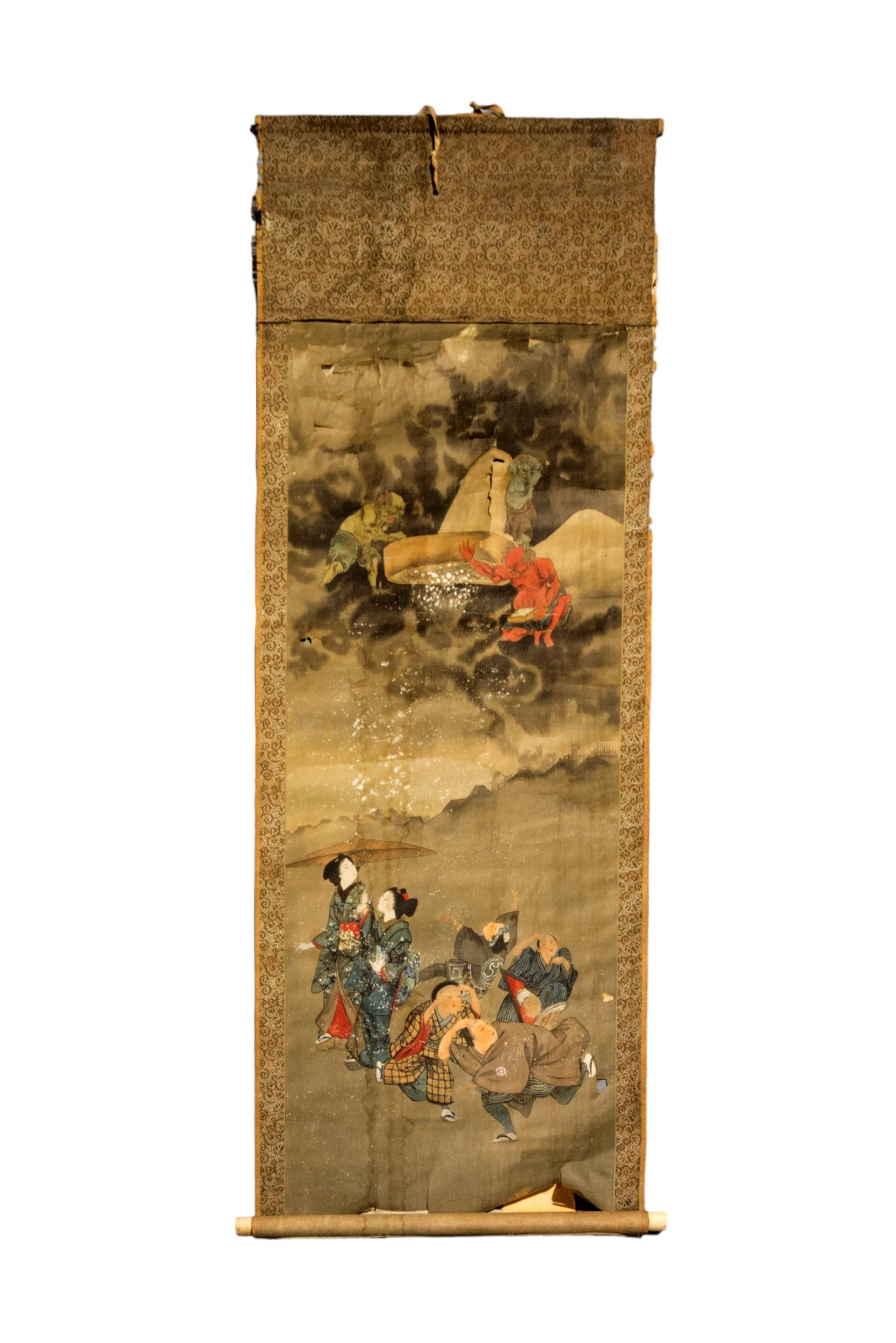 A THAI/BURMESE SCROLL DEPICTING DANCING WOMEN IN A LANDSCAPE, a Japanese scroll depicting devils - Image 4 of 5
