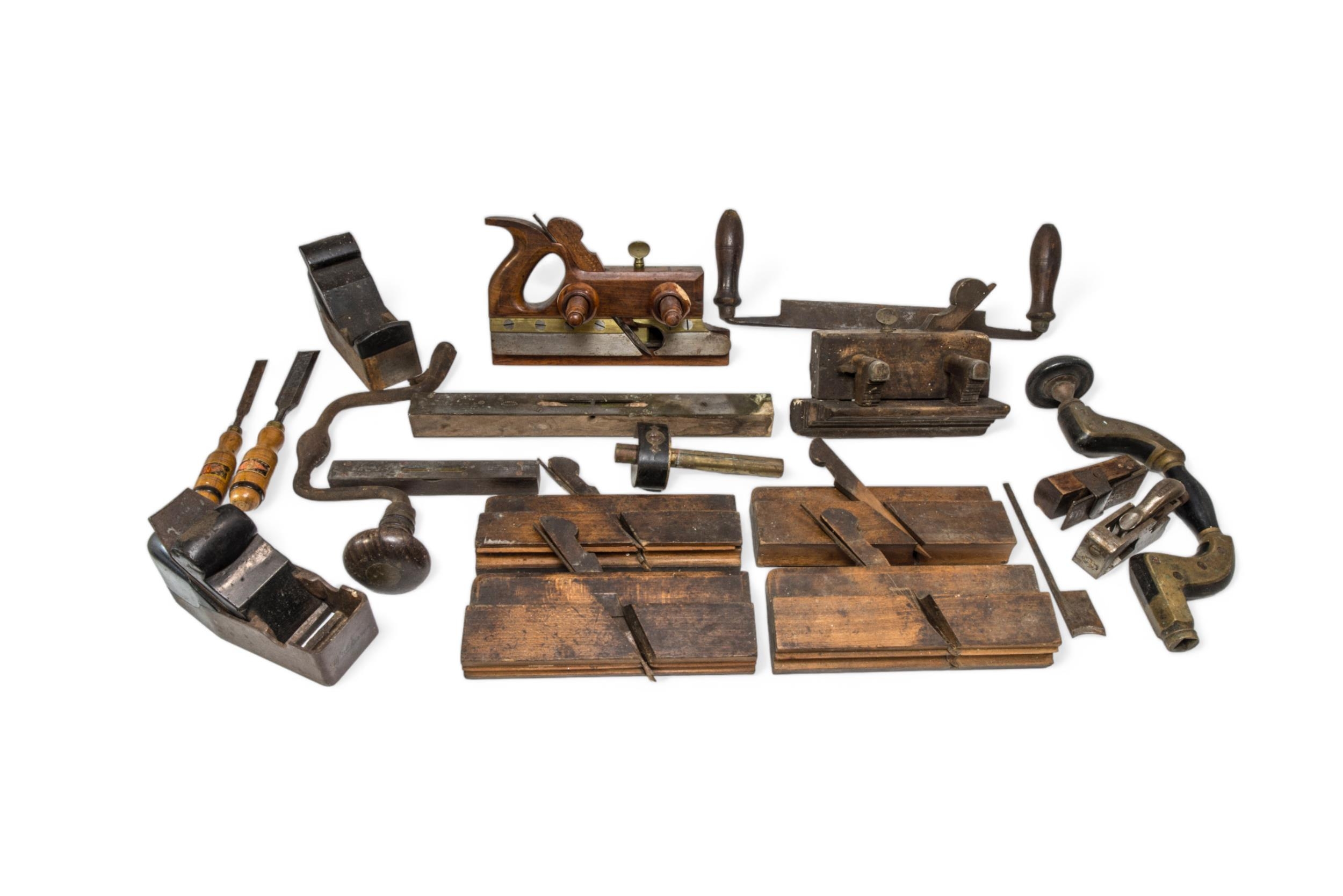 A 19TH CENTURY MOULDING PLANE, various other planes, a brace, a spoke shave and other tools.