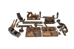 A 19TH CENTURY MOULDING PLANE, various other planes, a brace, a spoke shave and other tools.