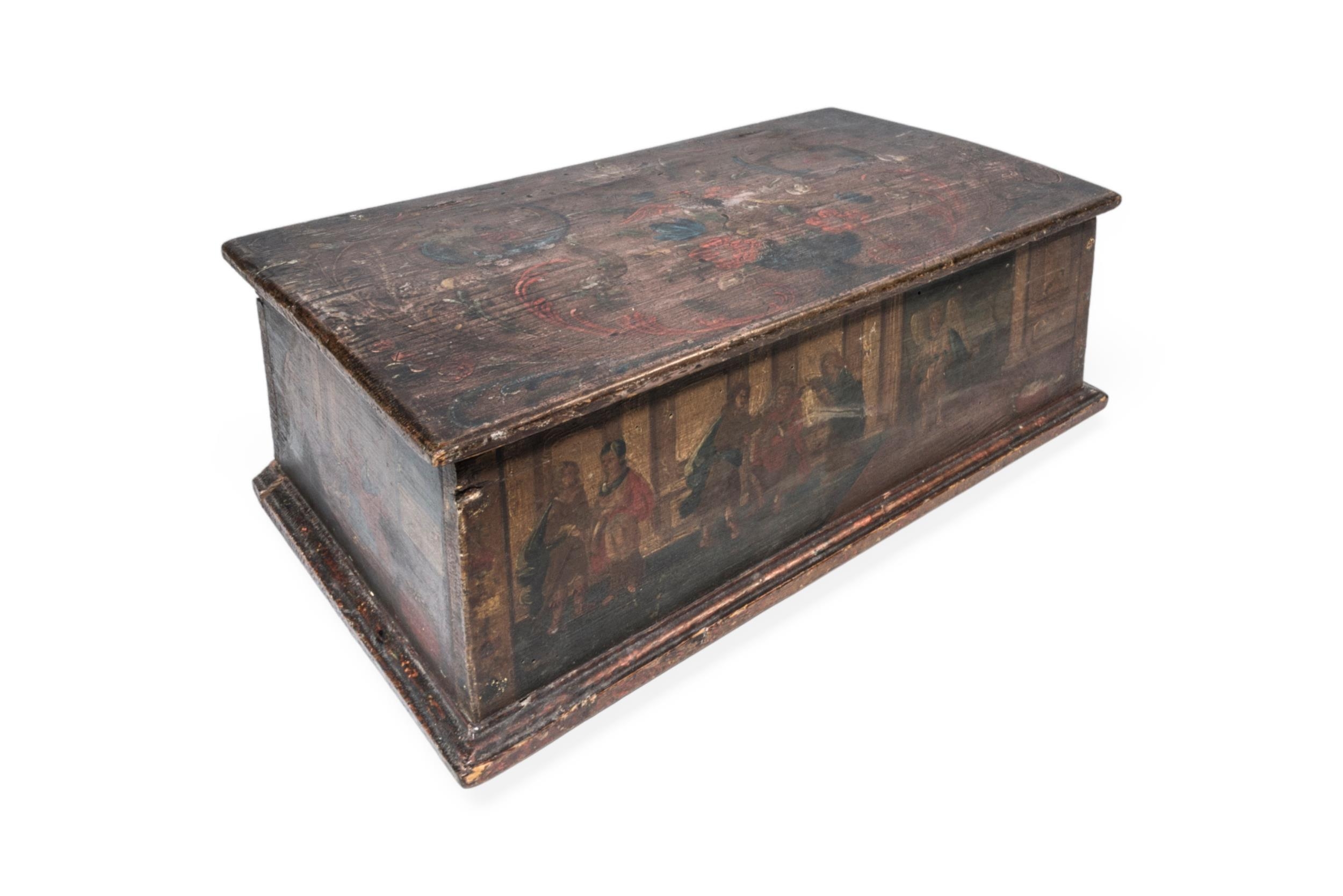 A CONTINENTAL PINE BOX, probably late 18th century, the side panels painted with three biblical - Image 2 of 5