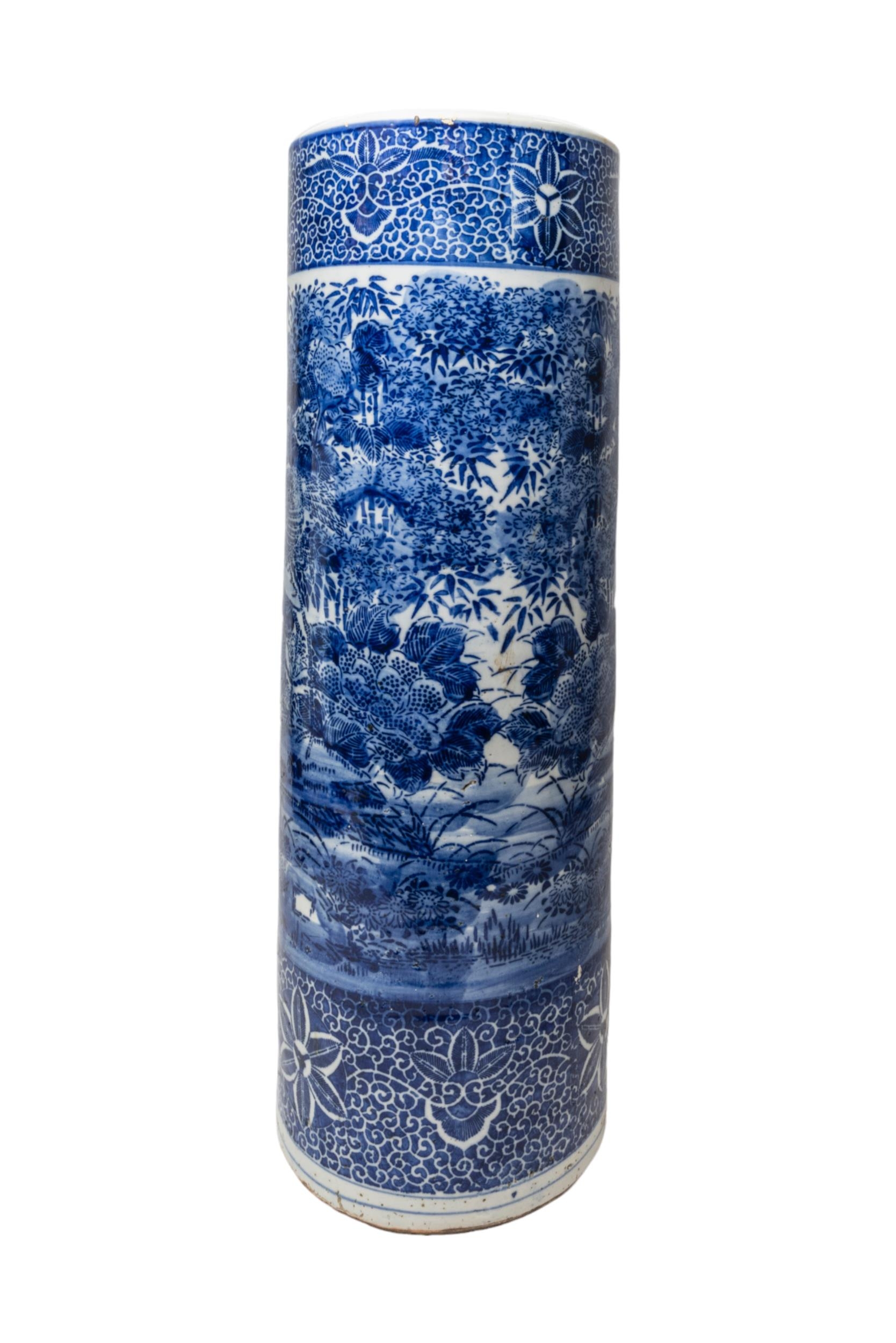 A CHINESE BLUE AND WHITE CERAMIC STICK STAND, LATE QING DYNASTY, the cylindrical sides decorated - Image 2 of 2