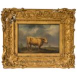ATTRIBUTED TO THOMAS SIDNEY COOPER (1803-1902) OIL PAINTING ON BOARD OF LONG HORNED COW, stood in