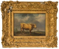 ATTRIBUTED TO THOMAS SIDNEY COOPER (1803-1902) OIL PAINTING ON BOARD OF LONG HORNED COW, stood in