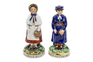 A PAIR OF STAFFORDSHIRE FIGURES COLSTON BOY AND RED MAID BRISTOL late 19th century, 13.5cms high
