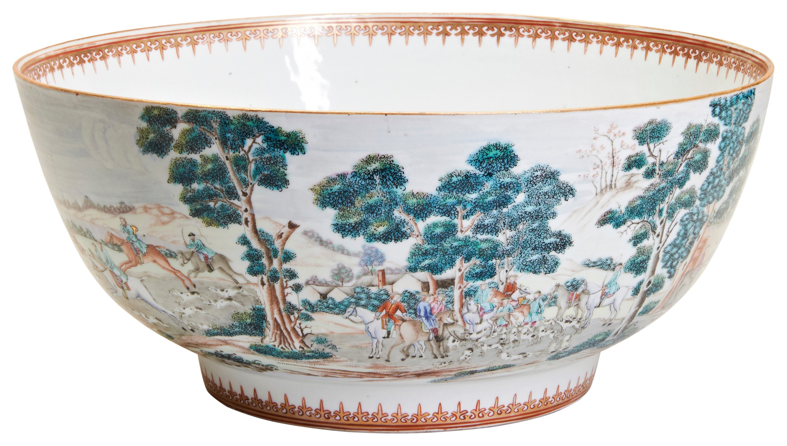 A LARGE CHINESE EXPORT 'HUNTING SUBJECT' BOWL QIANLONG PERIOD (1736-1795) the exterior painted