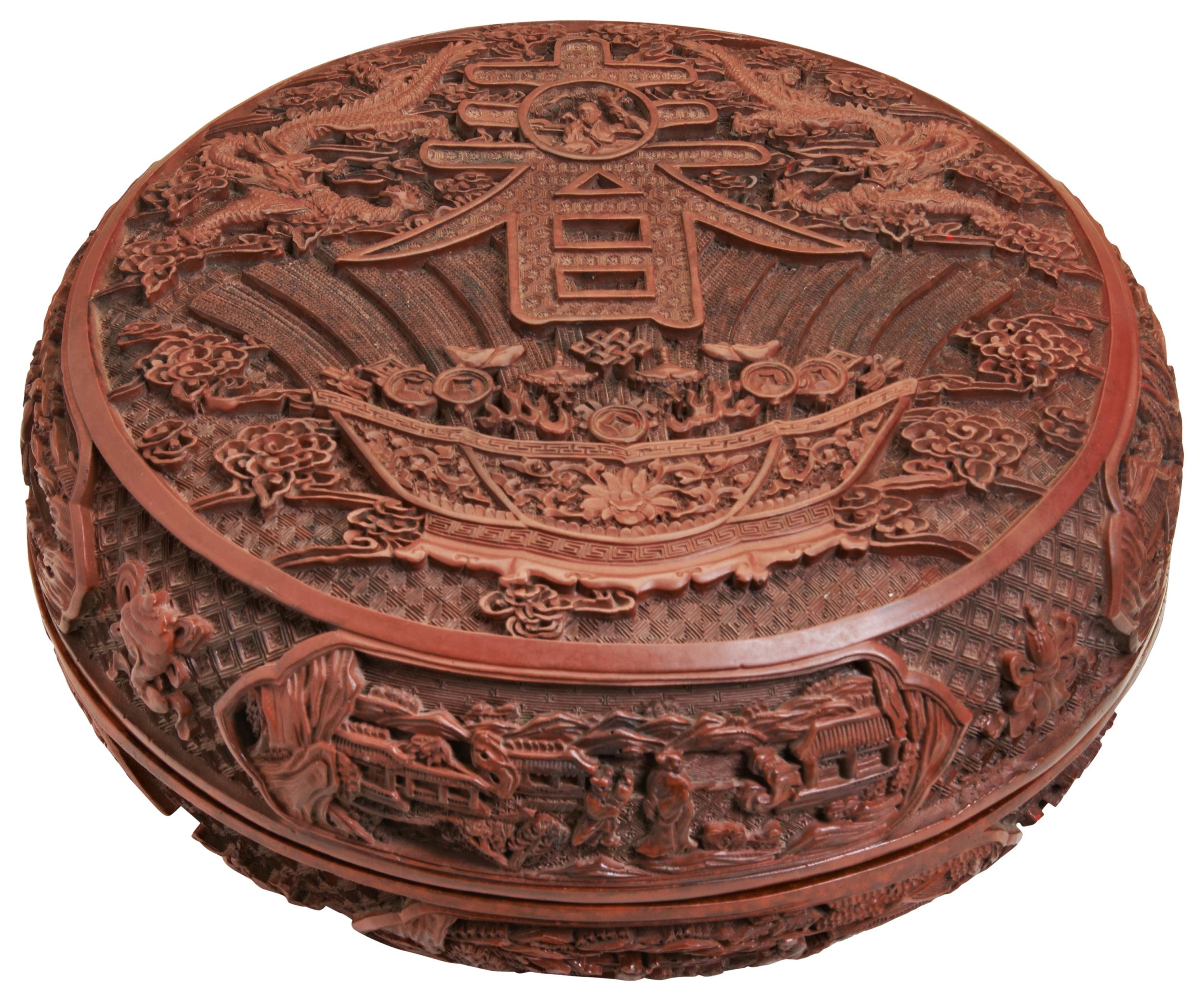 A LARGE CINNABAR LACQUER 'CHUN' BOX AND COVER LATE QING DYNASTY 清晚期 剔红‘春’字盖盒一件 the cover deeply