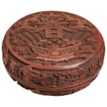 A LARGE CINNABAR LACQUER 'CHUN' BOX AND COVER LATE QING DYNASTY 清晚期 剔红‘春’字盖盒一件 the cover deeply