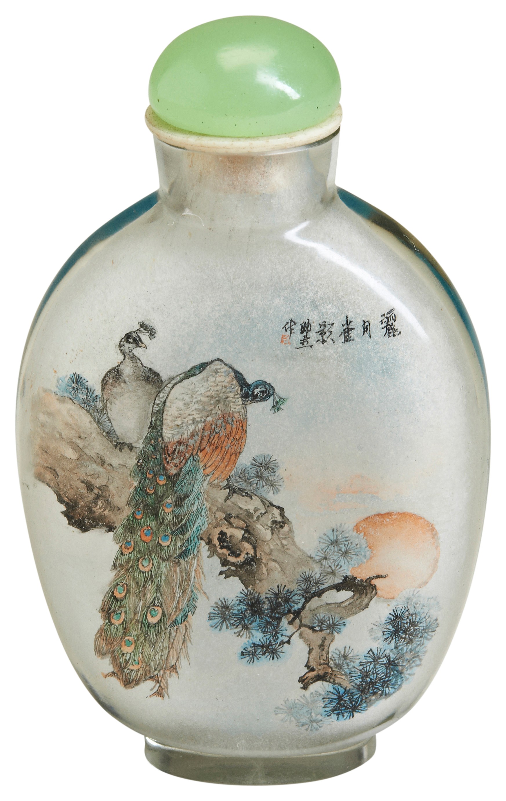 A CHINESE INSIDE GLASS PAINTED SNUFF BOTTLE the reverse with a blue ground fan painted with two