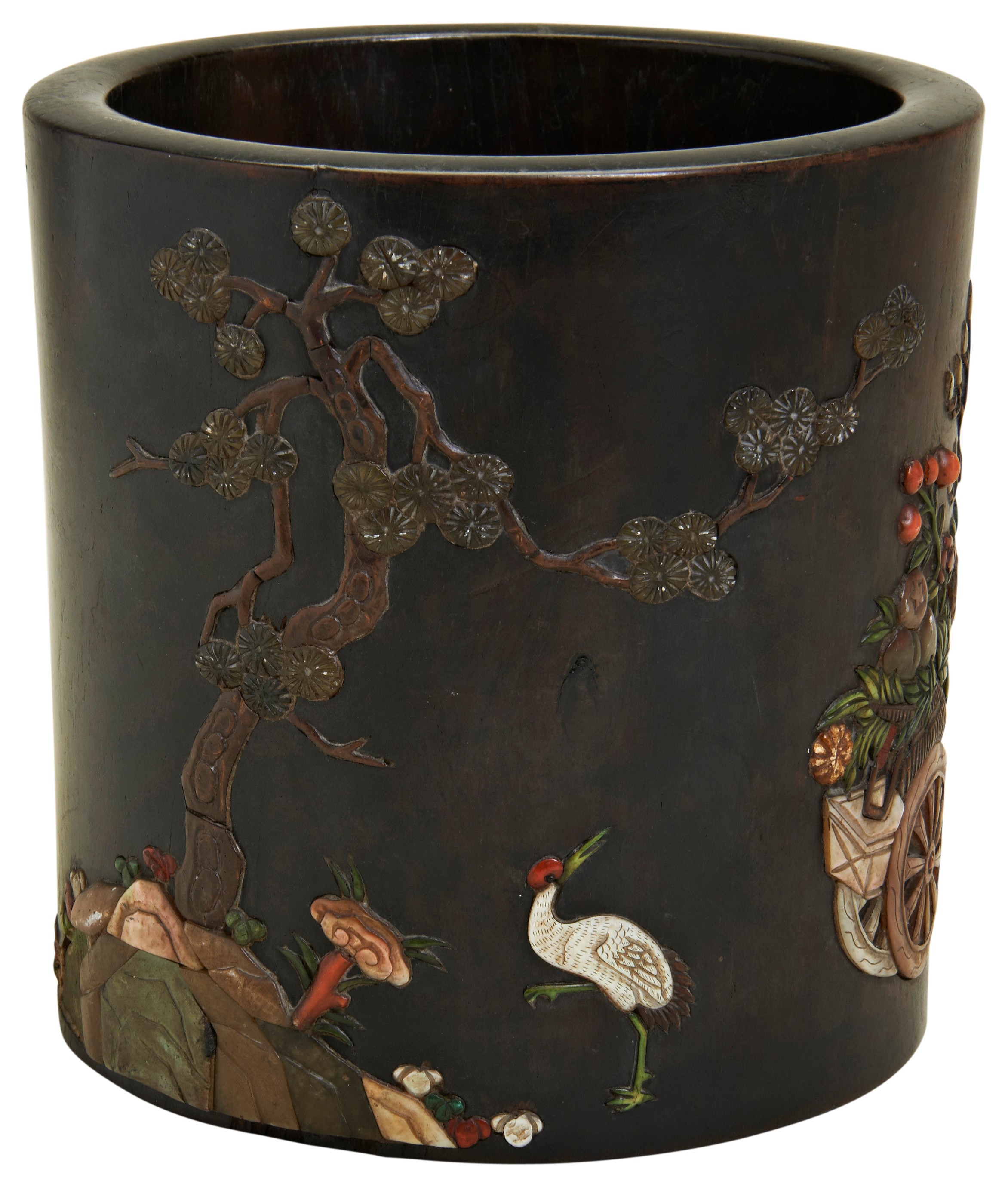 A FINE HARDWOOD AND INLAID BRUSH POT QING DYNASTY, 18TH CENTURY 清 百宝嵌紫檀笔筒 the cylindrical sides - Image 2 of 2