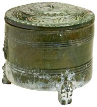 A GREEN LEAD GLAZED LARGE LIAN, LATE EASTERN HAN, 76-220 wine warmer and cover with two stylised