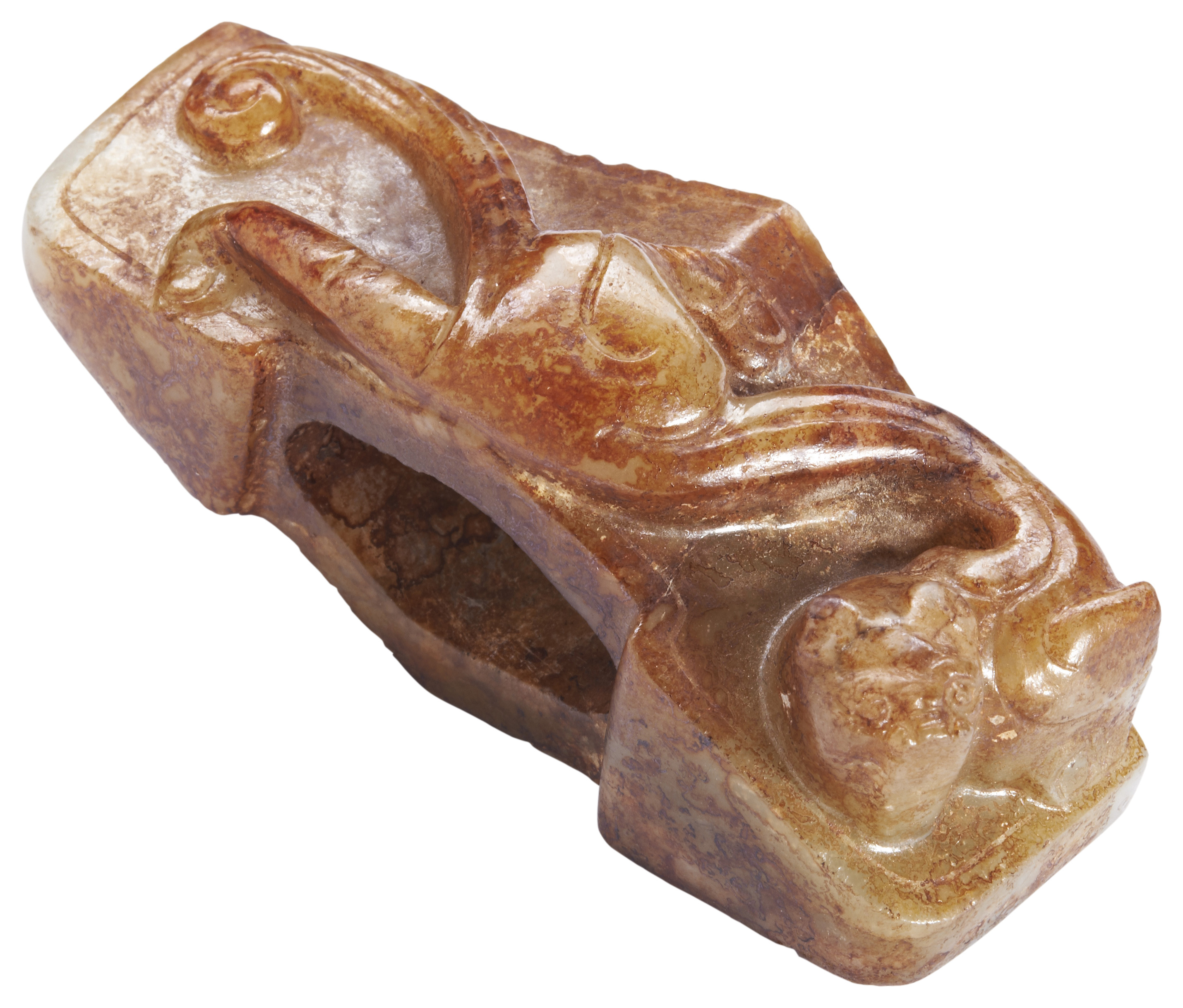 AN ARCHAISTIC RUSSET JADE PENDANT MING / QING DYNASTY carved with a chilong and taotie mask 5. - Image 2 of 2