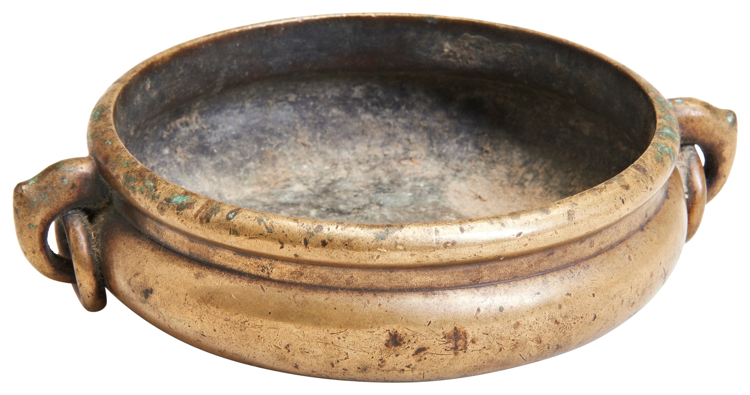 A RARE BRONZE TRIPOD CENSER 17TH CENTURY of compressed globular form with two scroll and loop